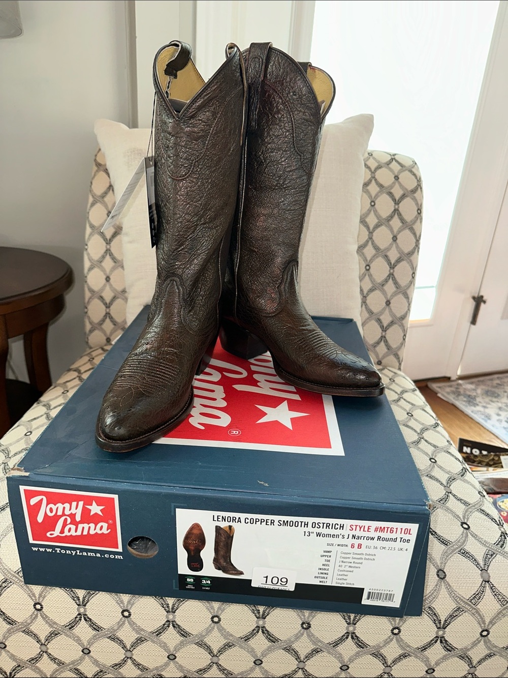 Tony Lama Copper Brown Ostrich Leather Western Boots